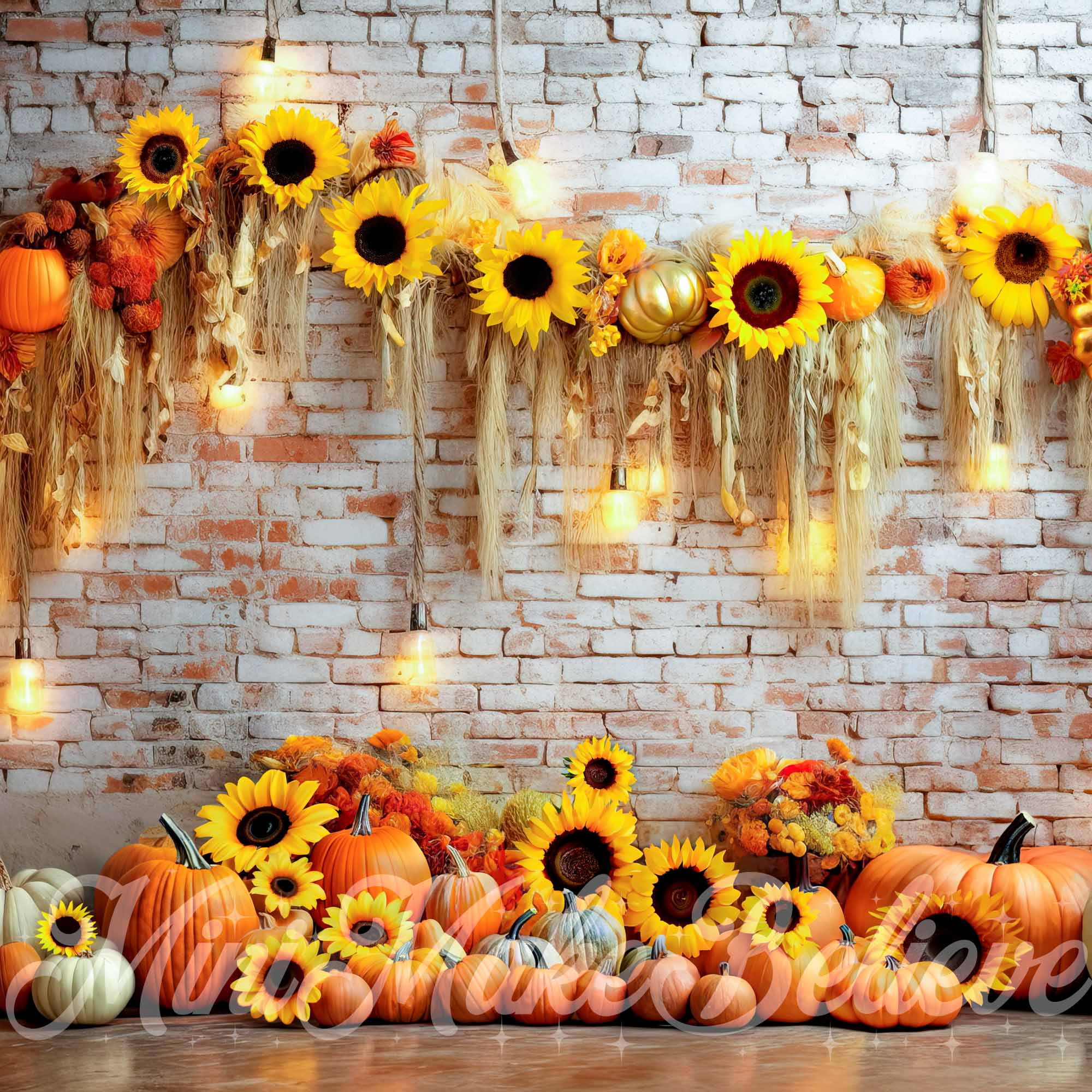 Kate Pumpkin Sunflower Brick Wall Backdrop Fall Autumn Designed by Mini MakeBelieve - Kate Backdrop AU
