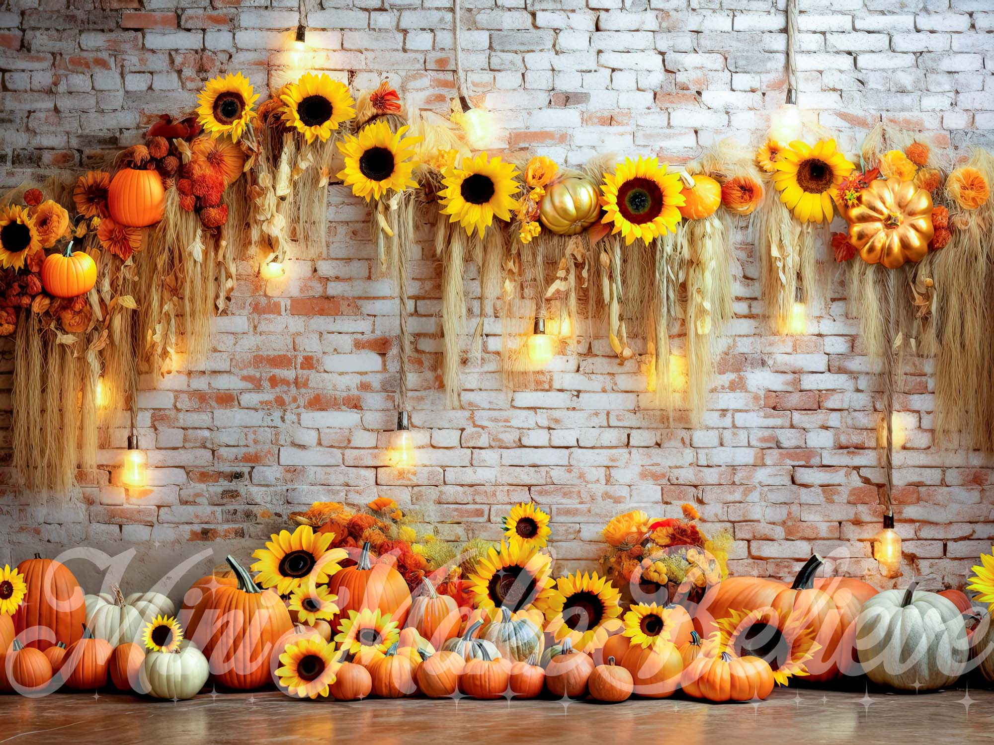 Kate Pumpkin Sunflower Brick Wall Backdrop Fall Autumn Designed by Mini MakeBelieve - Kate Backdrop AU