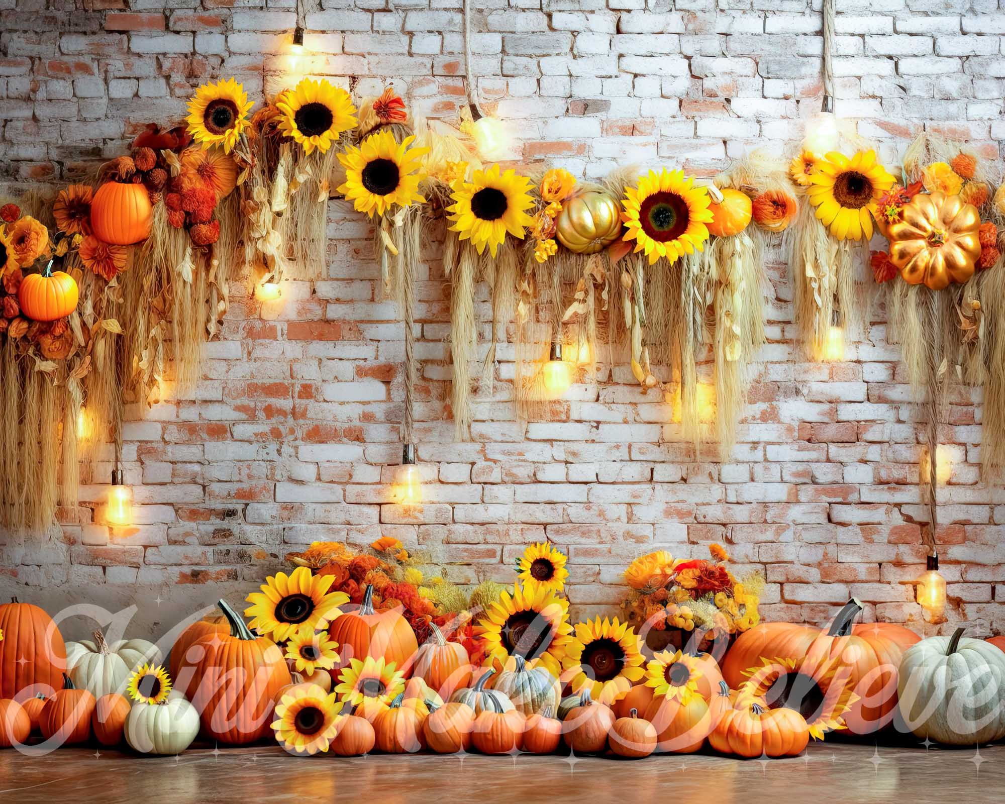 Kate Pumpkin Sunflower Brick Wall Backdrop Fall Autumn Designed by Mini MakeBelieve - Kate Backdrop AU