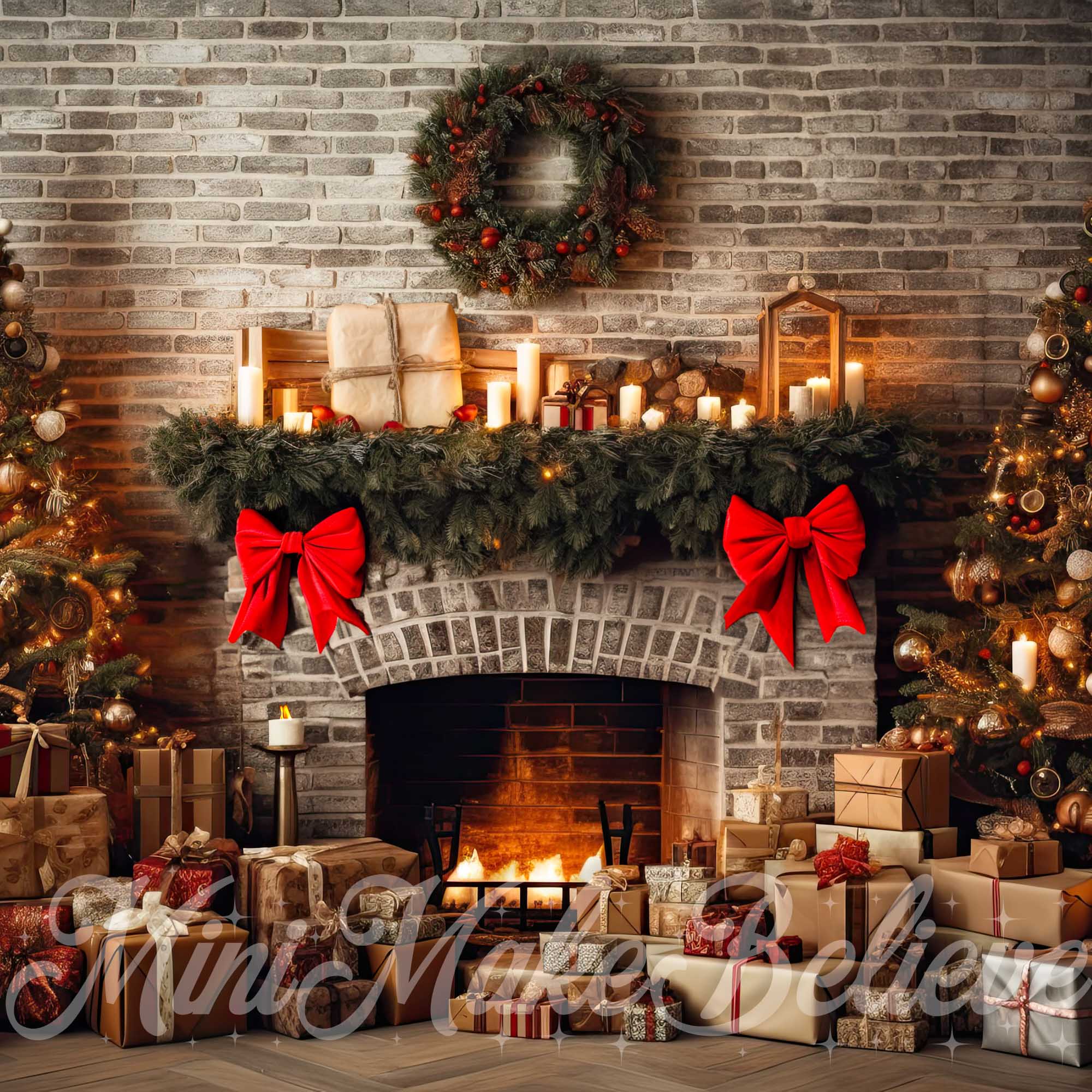 Kate Rustic Brick Fireplace Trees Backdrop Winter Christmas Designed by Mini MakeBelieve - Kate Backdrop AU