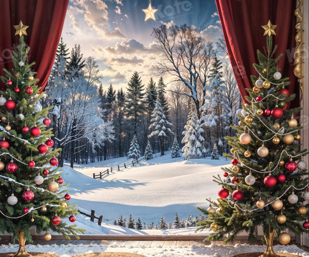 Kate Christmas Tree Snow Field Red Sunshine Sky Backdrop for Photography - Kate Backdrop AU