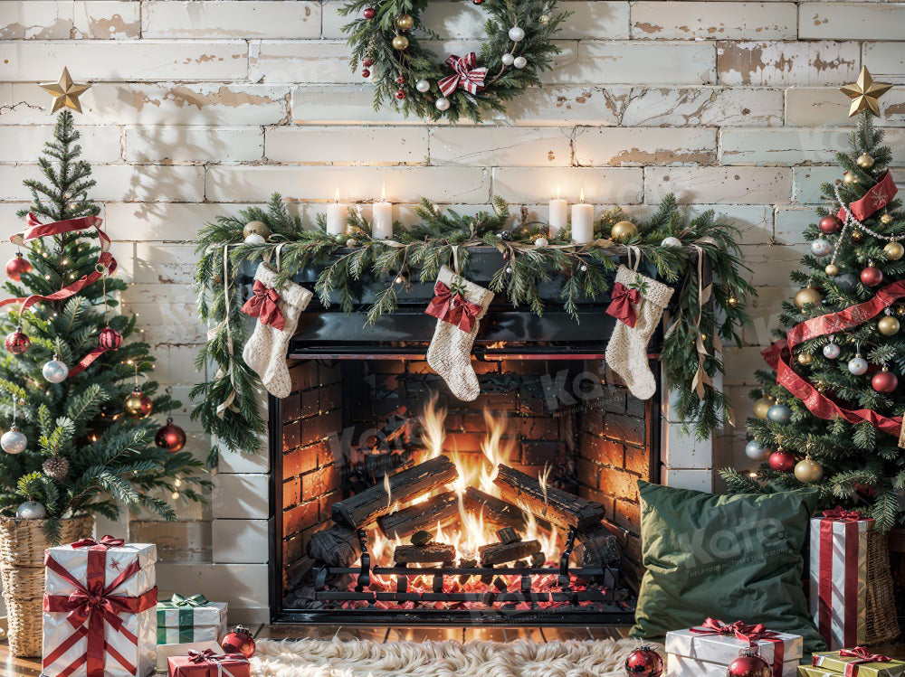 Kate Christmas Burning Fireplace White Wall Backdrop for Photography - Kate Backdrop AU