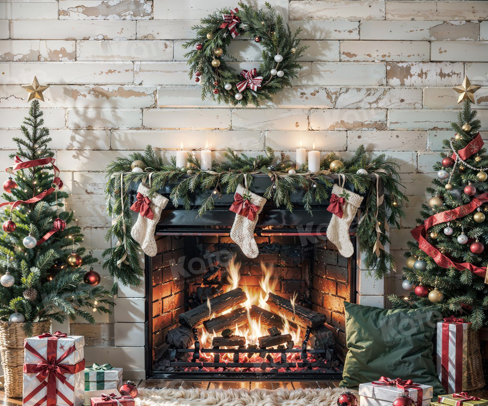Kate Christmas Burning Fireplace White Wall Backdrop for Photography - Kate Backdrop AU