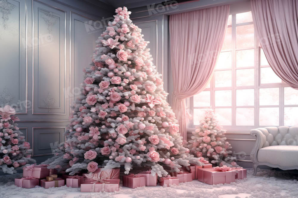 Kate Pink Roses Christmas Tree Backdrop Designed by Emetselch - Kate Backdrop AU