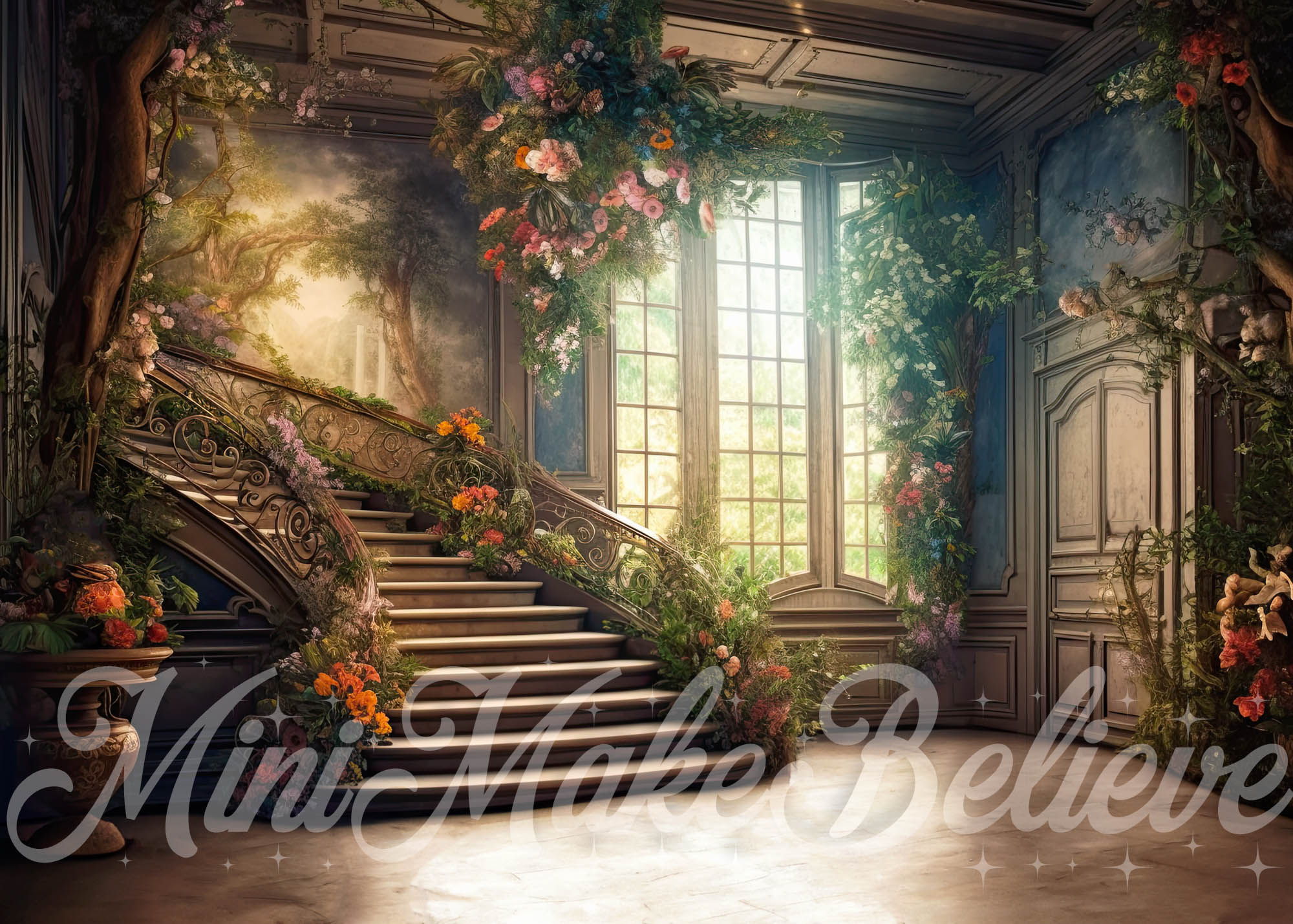Kate Painterly Valentine Spring Backdrop Soft Painterly Mansion Stairs Designed by Mini MakeBelieve - Kate Backdrop AU