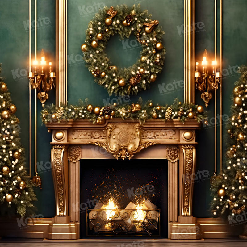 Kate Christmas Green Wall Golden Fireplace Backdrop for Photography - Kate Backdrop AU