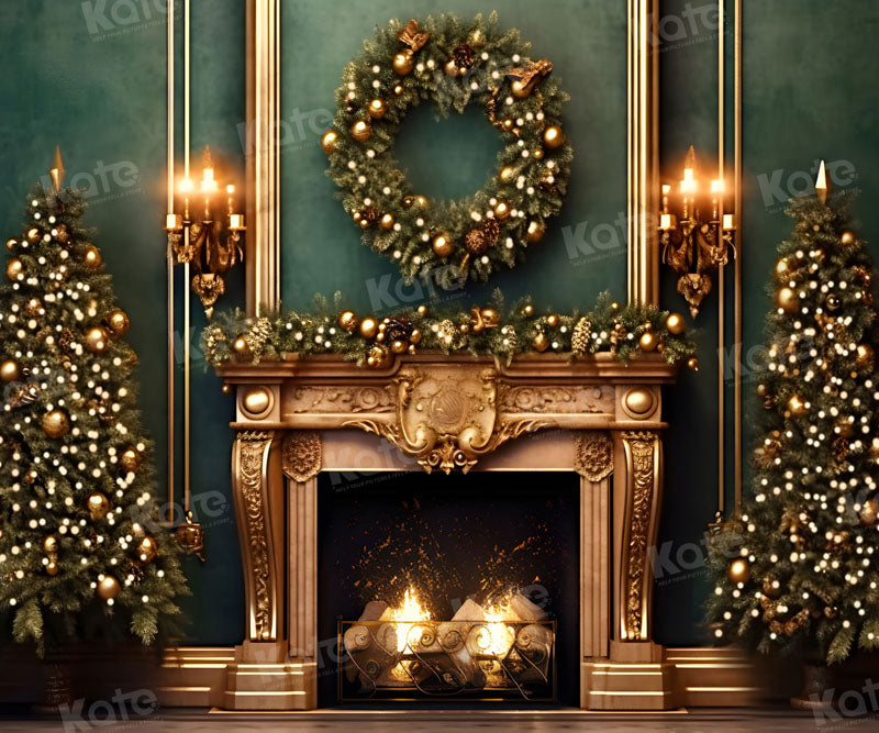 Kate Christmas Green Wall Golden Fireplace Backdrop for Photography - Kate Backdrop AU