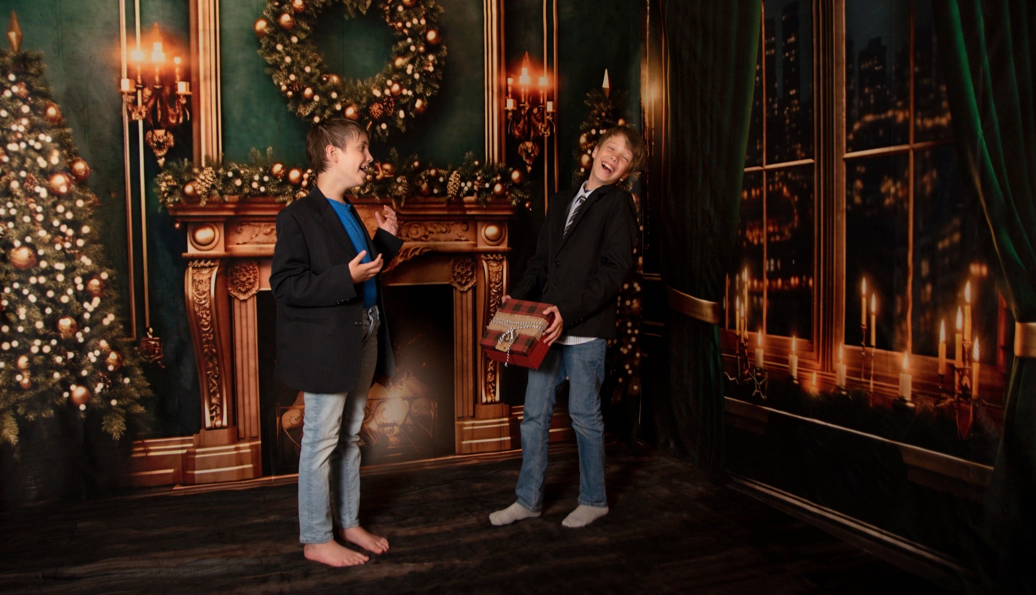 Kate Christmas Fireplace City Night Green Room Set(8ftx8ft&10ftx8ft&8ftx10ft) - Kate Backdrop AU