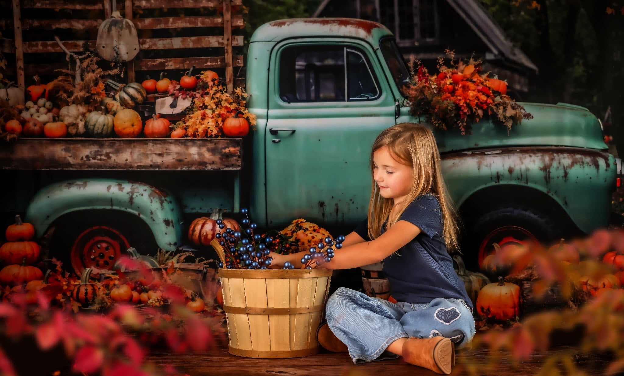 Kate Autumn Truck Backdrop Golden Leaves Old House Designed by Chain Photography