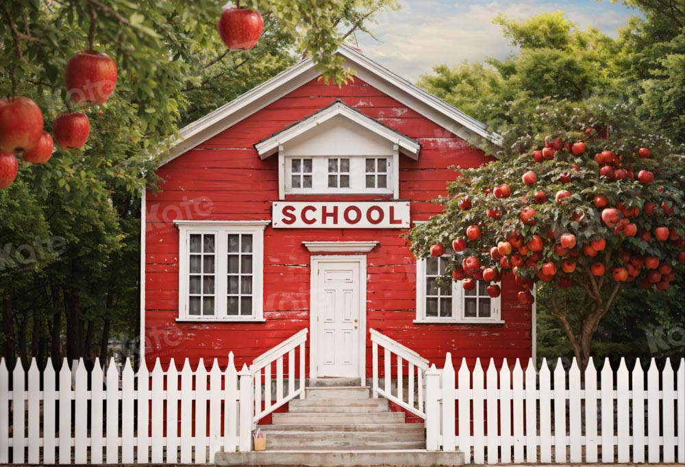 Kate Back to School Red House Apple Tree Fence Backdrop Designed by Chain Photography - Kate Backdrop AU