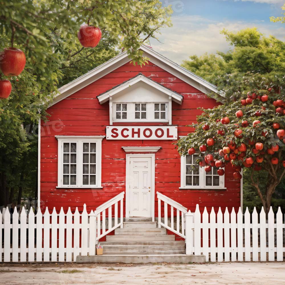 Kate Back to School Red House Apple Tree Fence Backdrop Designed by Chain Photography - Kate Backdrop AU