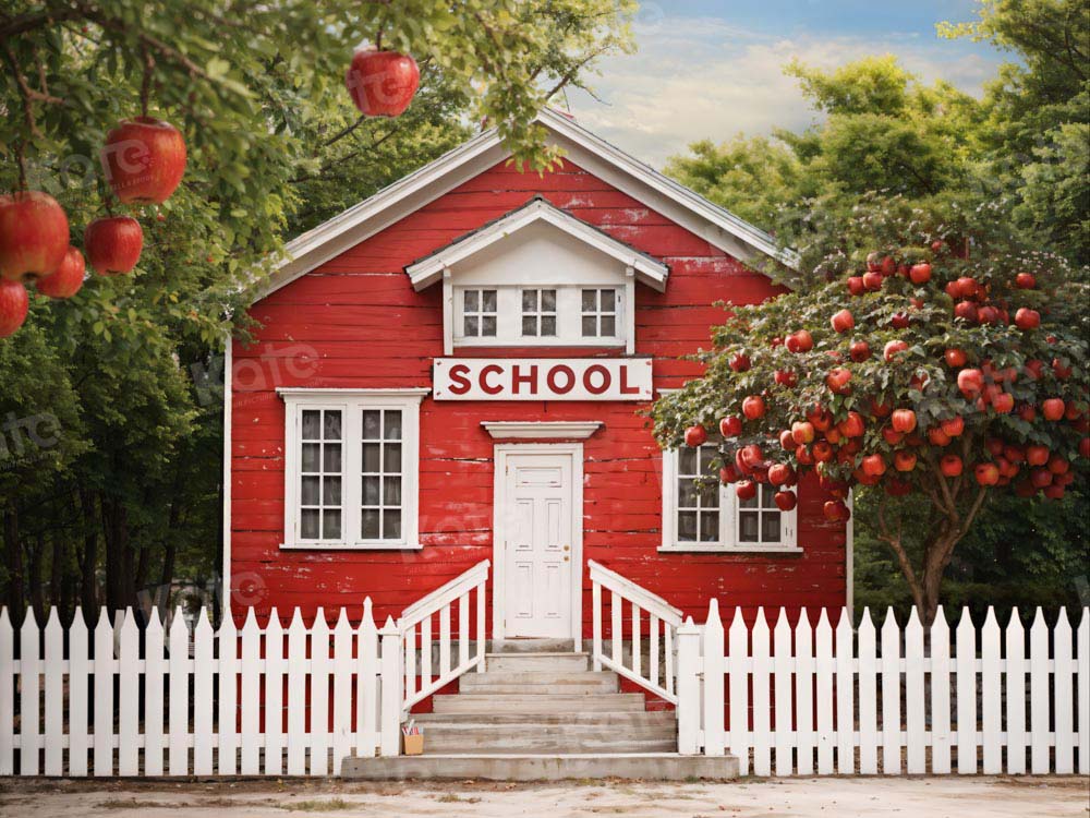 Kate Back to School Red House Apple Tree Fence Backdrop Designed by Chain Photography - Kate Backdrop AU