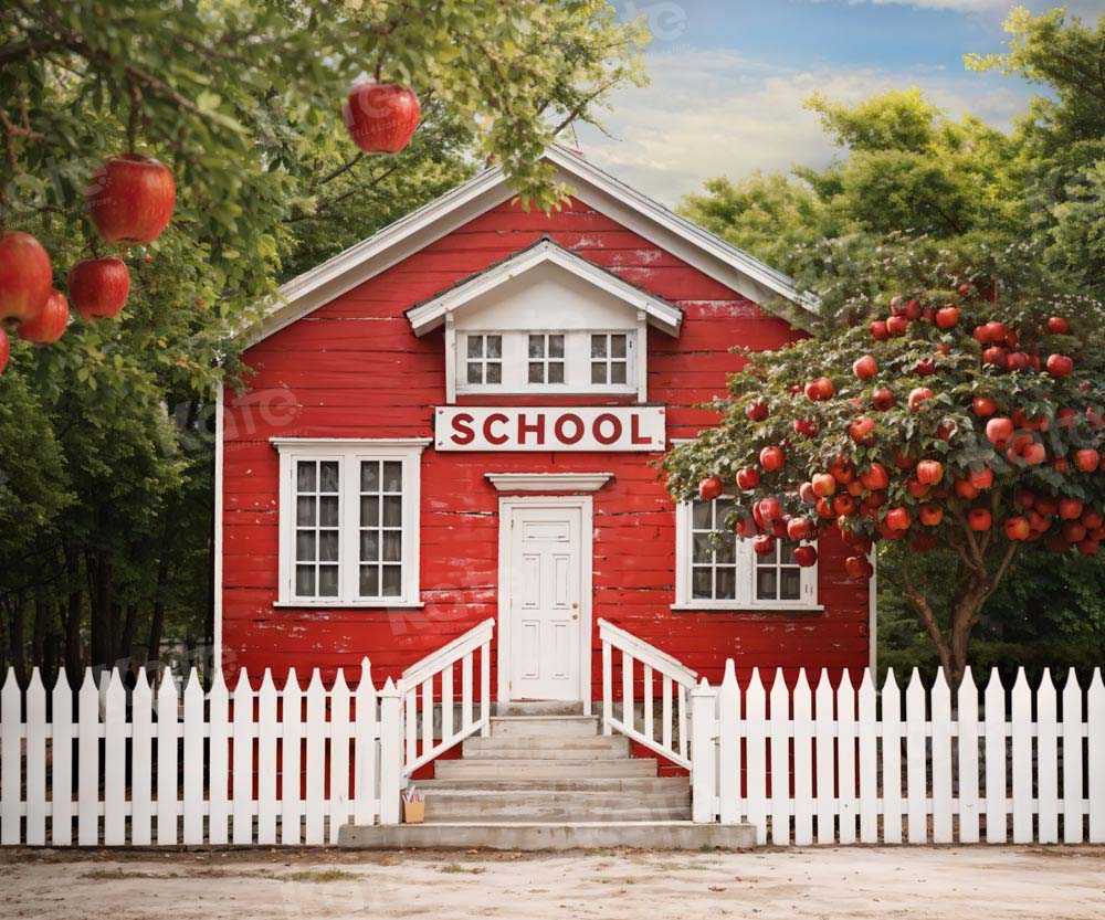Kate Back to School Red House Apple Tree Fence Backdrop Designed by Chain Photography - Kate Backdrop AU
