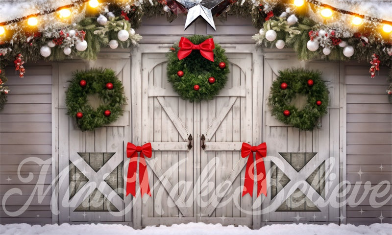 Kate White Barn Wreaths and Bows Backdrop Designed by Mini MakeBelieve - Kate Backdrop AU