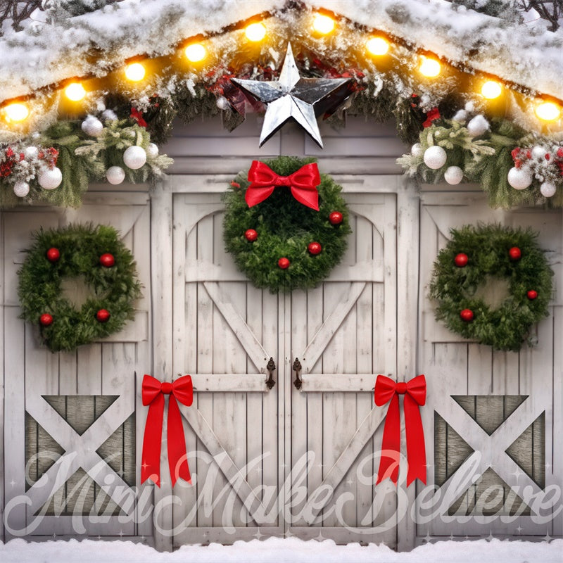 Kate White Barn Wreaths and Bows Backdrop Designed by Mini MakeBelieve - Kate Backdrop AU