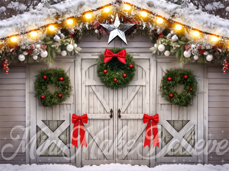Kate White Barn Wreaths and Bows Backdrop Designed by Mini MakeBelieve - Kate Backdrop AU