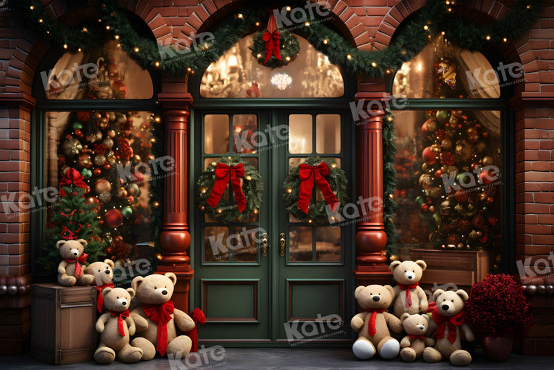 Kate Christmas Teddy Bear Backdrop Green Store Door for Photography - Kate Backdrop AU