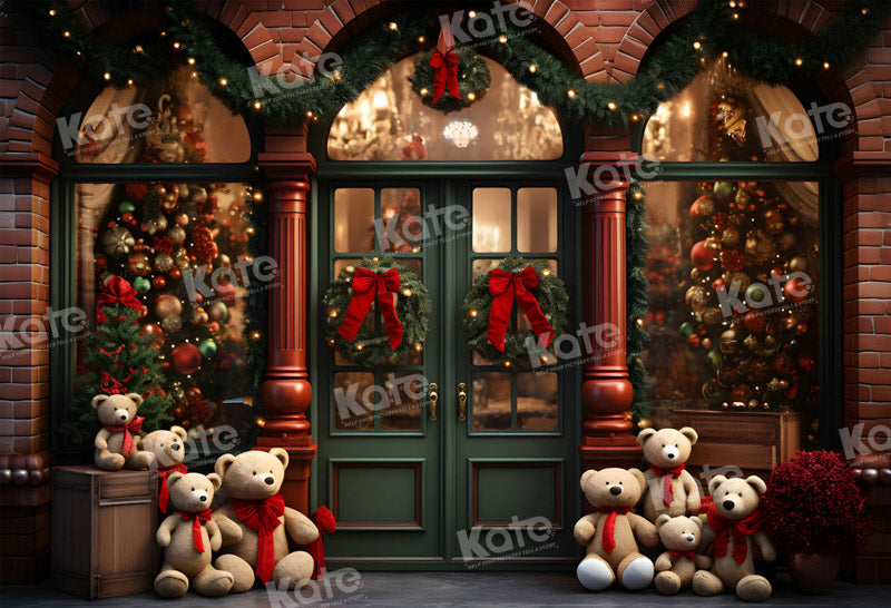 Kate Christmas Teddy Bear Backdrop Green Store Door for Photography - Kate Backdrop AU