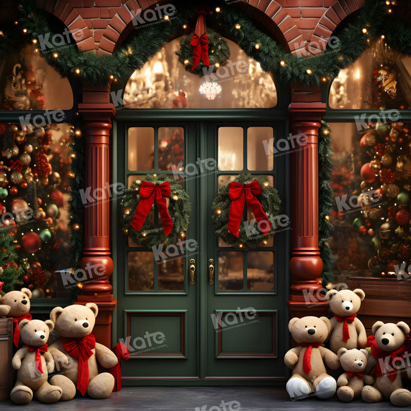 Kate Christmas Teddy Bear Backdrop Green Store Door for Photography - Kate Backdrop AU