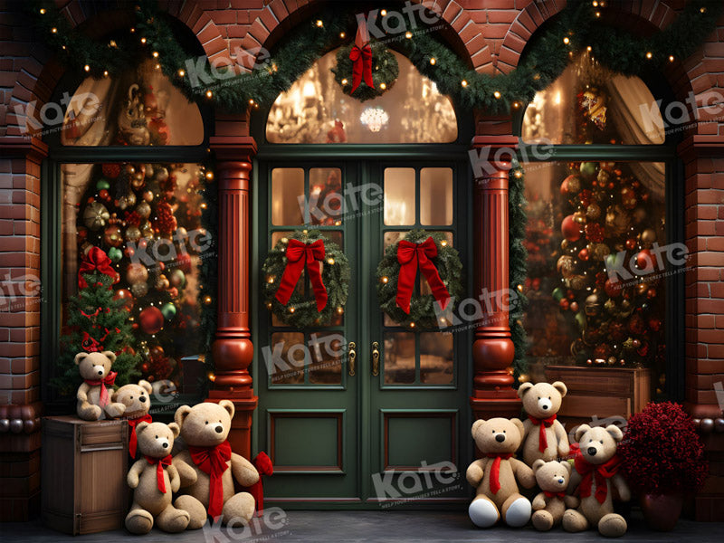 Kate Christmas Teddy Bear Backdrop Green Store Door for Photography - Kate Backdrop AU