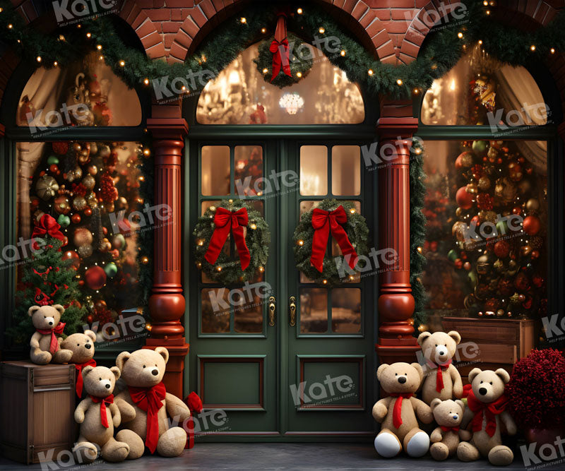 Kate Christmas Teddy Bear Backdrop Green Store Door for Photography - Kate Backdrop AU