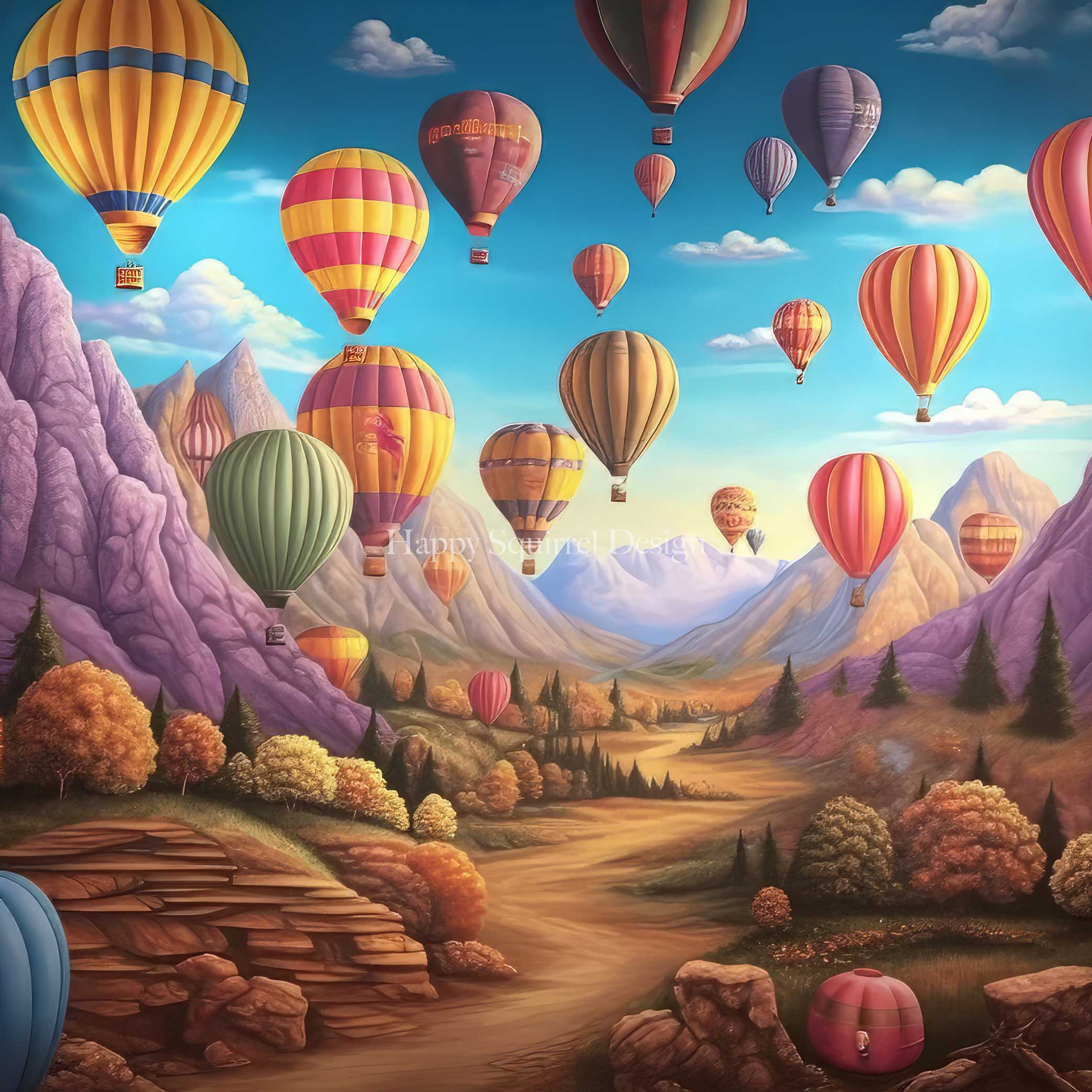 Kate Mountainside Air Balloons Backdrop Designed by Happy Squirrel Design - Kate Backdrop AU