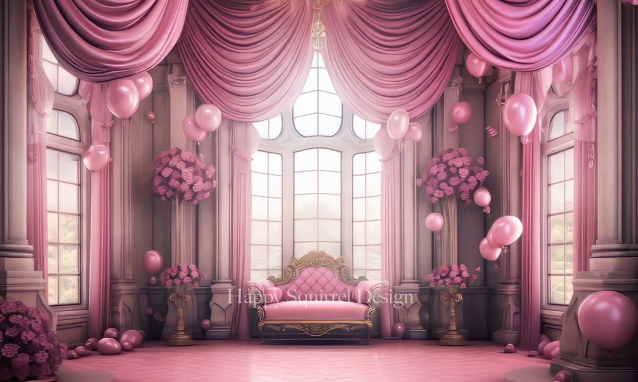 Kate Princess Room Backdrop Pink Curtains Designed by Happy Squirrel Design - Kate Backdrop AU