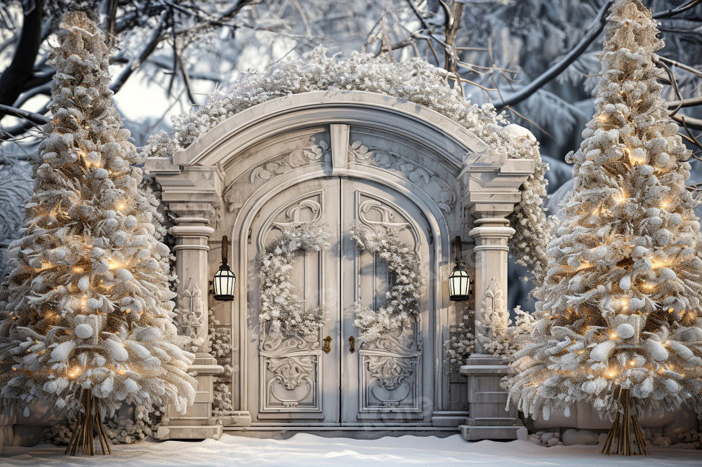 Kate Winter Christmas Snowy Backdrop Frosted White Door Tree for Photography - Kate Backdrop AU