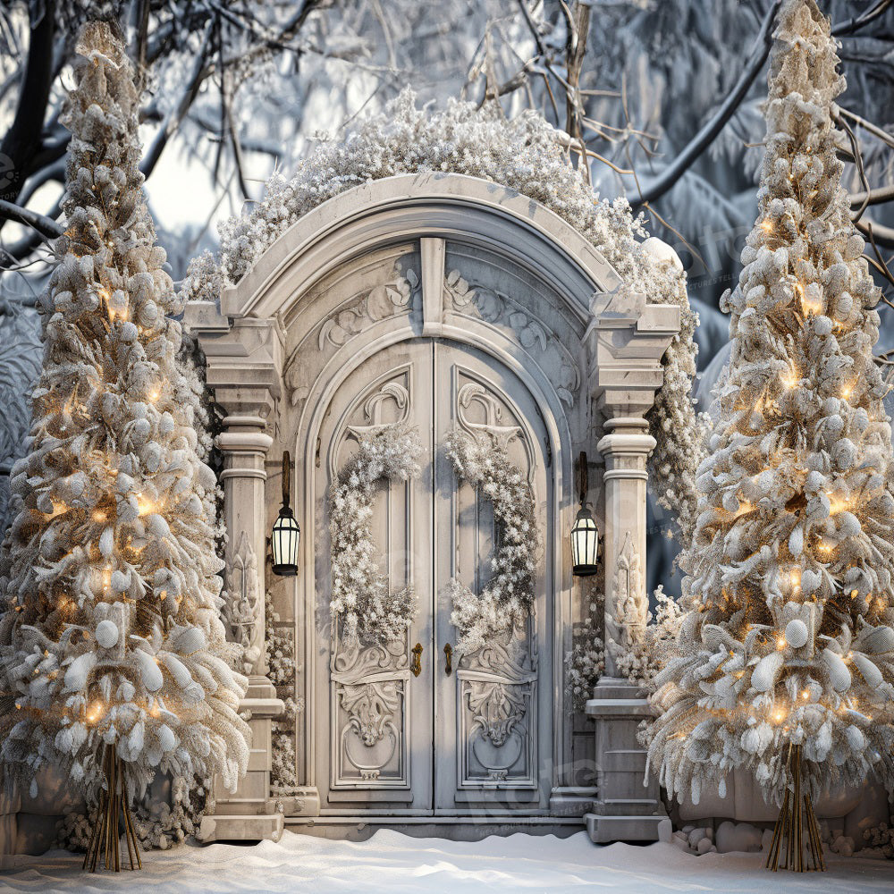 Kate Winter Christmas Snowy Backdrop Frosted White Door Tree for Photography - Kate Backdrop AU