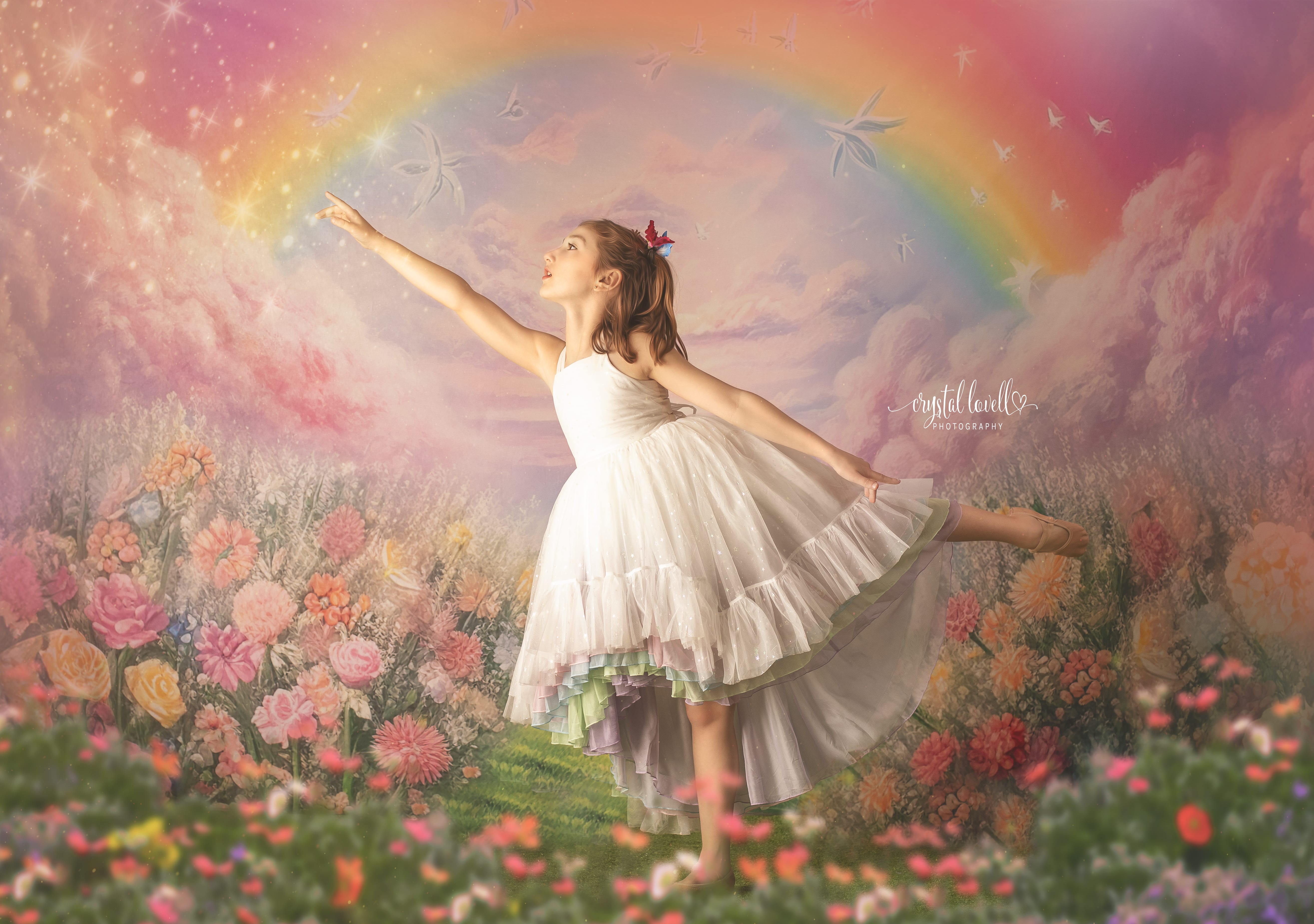 Kate Summer Pink Flower Field Rainbow Backdrop Designed by Emetselch - Kate Backdrop AU