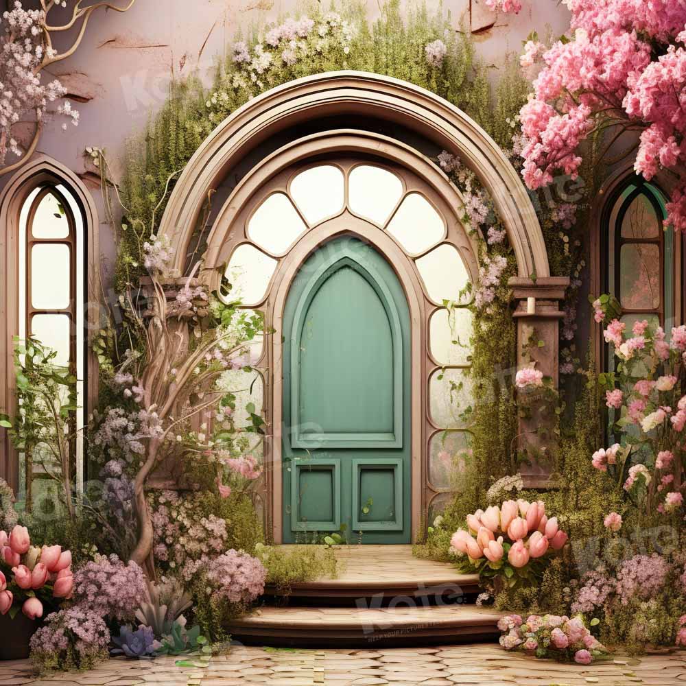 Kate Summer Pink Flower Tree House Green Door Backdrop Designed by Emetselch - Kate Backdrop AU