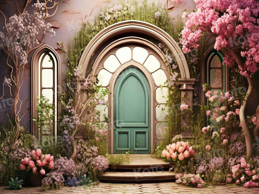 Kate Summer Pink Flower Tree House Green Door Backdrop Designed by Emetselch - Kate Backdrop AU