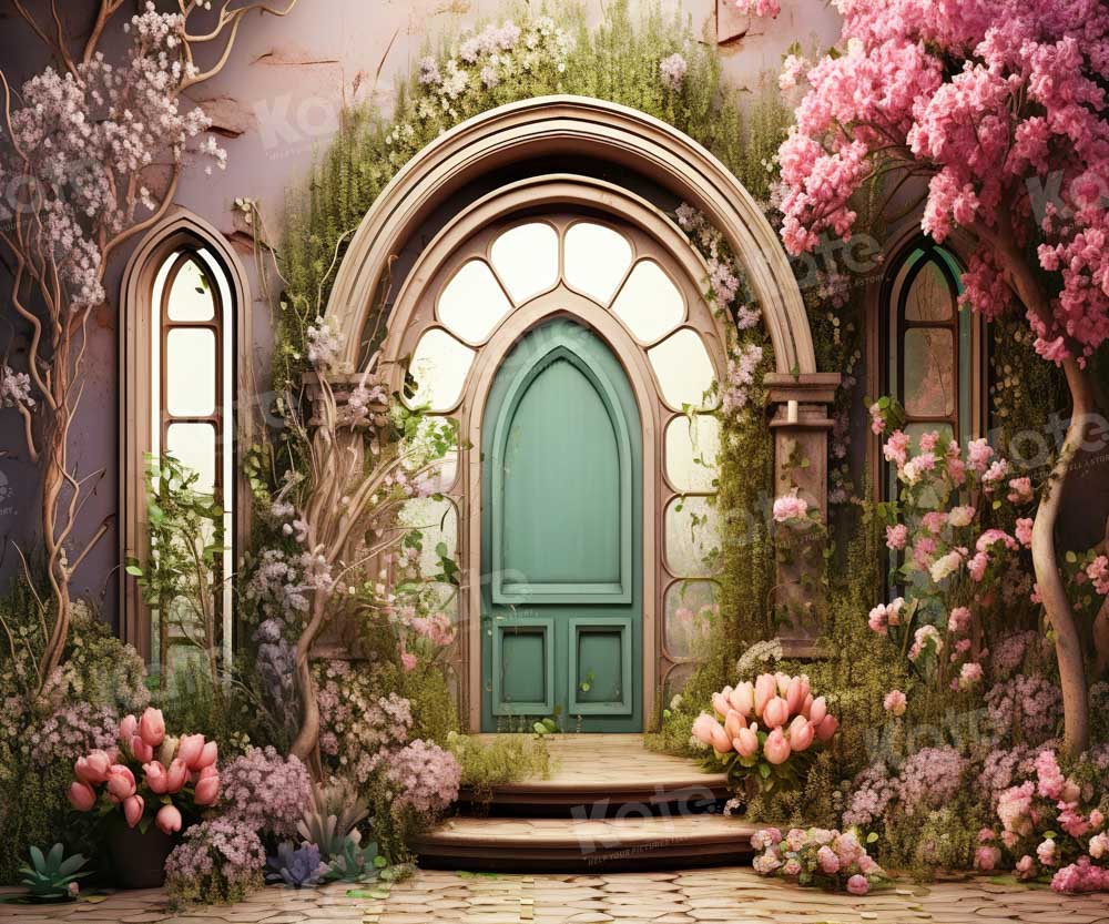 Kate Summer Pink Flower Tree House Green Door Backdrop Designed by Emetselch - Kate Backdrop AU