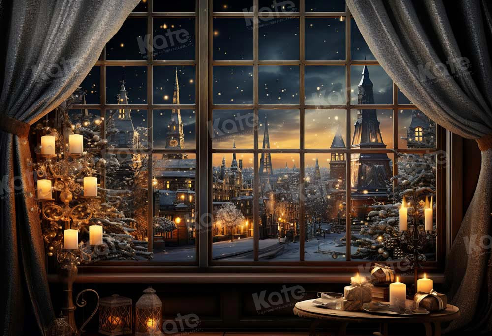 Kate Christmas Winter Night Town Outwindow Candle Backdrop Designed by Emetselch - Kate Backdrop AU