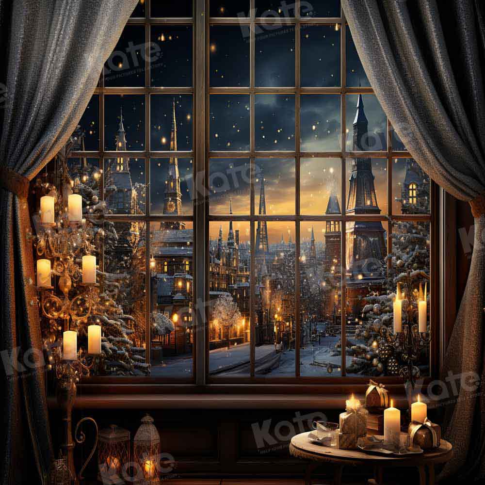 Kate Christmas Winter Night Town Outwindow Candle Backdrop Designed by Emetselch - Kate Backdrop AU
