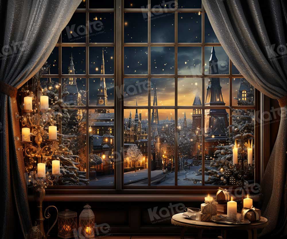 Kate Christmas Winter Night Town Outwindow Candle Backdrop Designed by Emetselch - Kate Backdrop AU