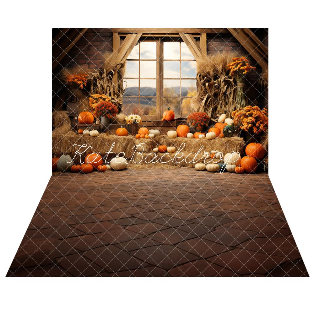 Kate Autumn Pumpkin Barn Backdrop+Retro Dark Brown Plaid Floor Backdrop - Kate Backdrop AU