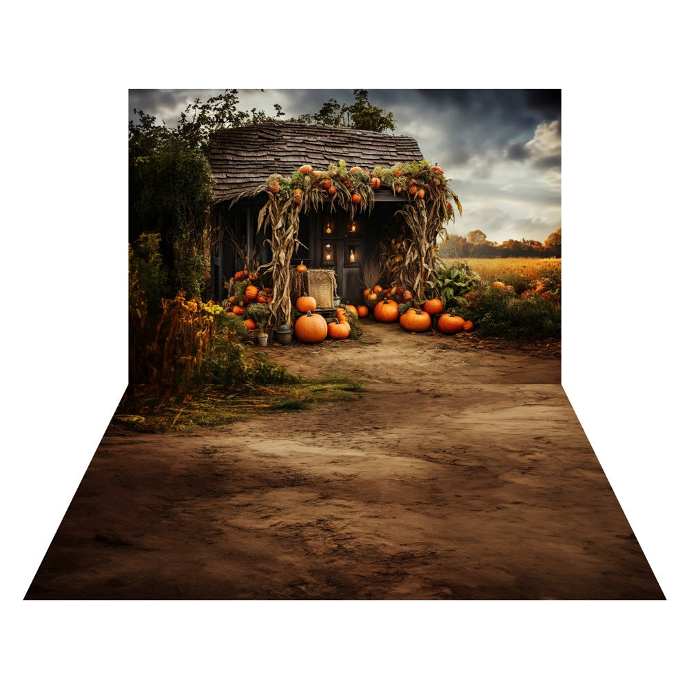 Kate Autumn Field Pumpkin Old House Backdrop+Soil Floor Backdrop for Photography - Kate Backdrop AU