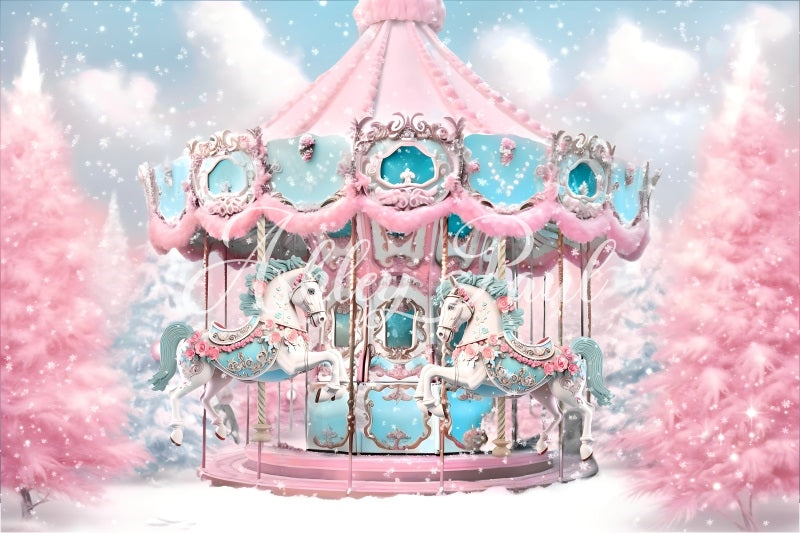 Kate Winter Christmas Pink White Carousel Backdrop Designed by Ashley Paul - Kate Backdrop AU
