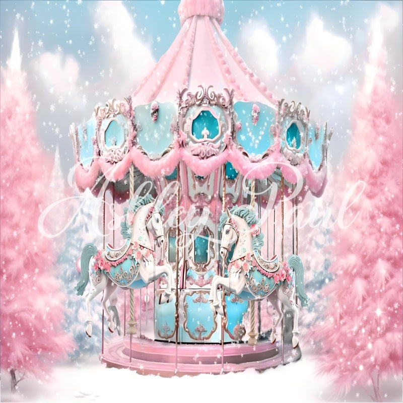 Kate Winter Christmas Pink White Carousel Backdrop Designed by Ashley Paul - Kate Backdrop AU