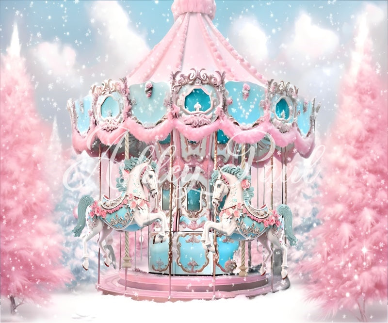 Kate Winter Christmas Pink White Carousel Backdrop Designed by Ashley Paul - Kate Backdrop AU