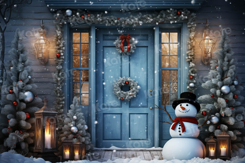Kate Winter Snowy Blue Door Snowman Backdrop Designed by Chain Photography - Kate Backdrop AU