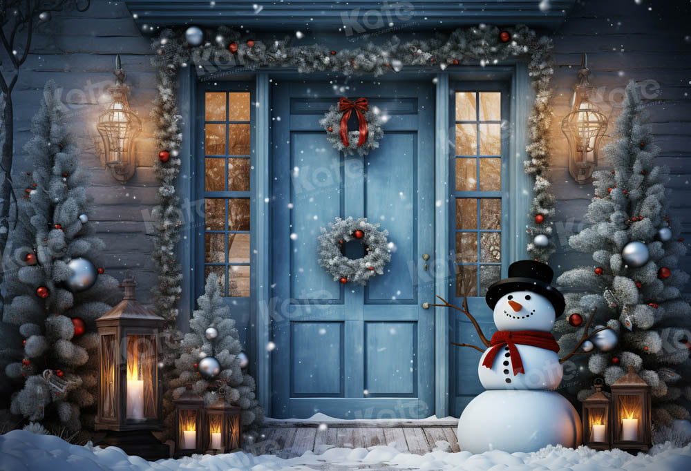 Kate Winter Snowy Blue Door Snowman Backdrop for Photography