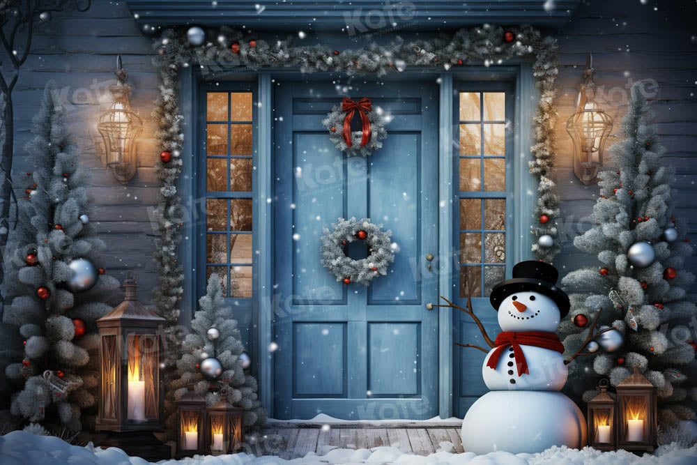Kate Winter Snowy Blue Door Snowman Backdrop Designed by Chain Photography - Kate Backdrop AU