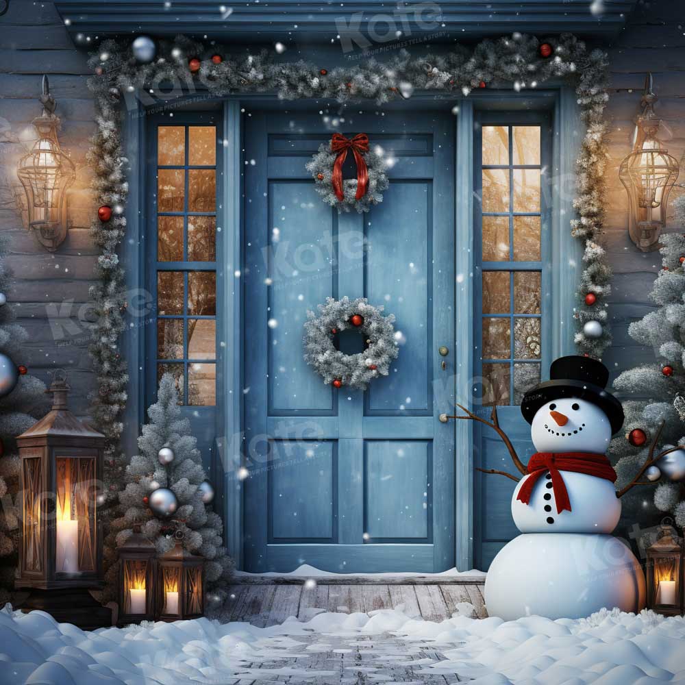 Kate Winter Snowy Blue Door Snowman Backdrop Designed by Chain Photography - Kate Backdrop AU