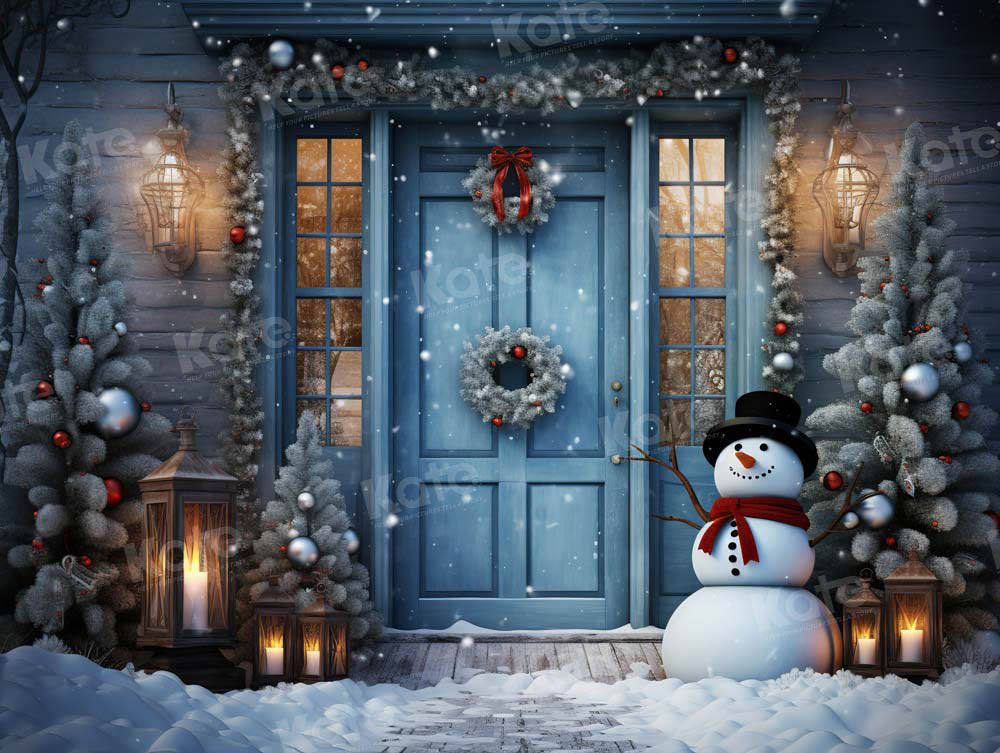 Kate Winter Snowy Blue Door Snowman Backdrop Designed by Chain Photography - Kate Backdrop AU