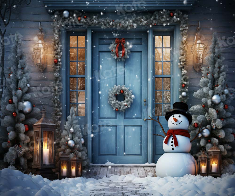 Kate Winter Snowy Blue Door Snowman Backdrop Designed by Chain Photography - Kate Backdrop AU