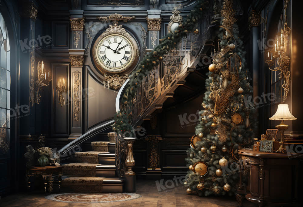 Kate Christmas Tree Staircase Clock Backdrop Designed by Emetselch - Kate Backdrop AU