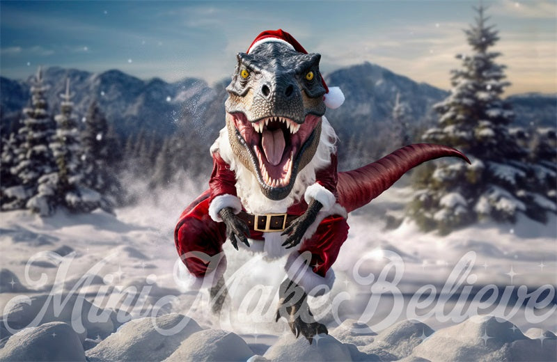 Kate T-Rex with Christmas Santa Clothes in Winter Backdrop Designed by Mini MakeBelieve - Kate Backdrop AU