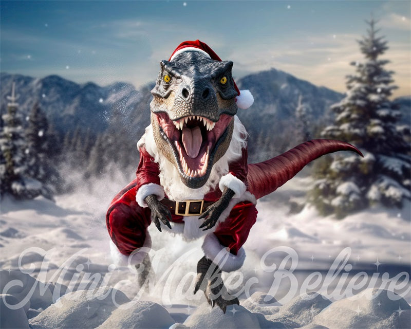 Kate T-Rex with Christmas Santa Clothes in Winter Backdrop Designed by Mini MakeBelieve - Kate Backdrop AU
